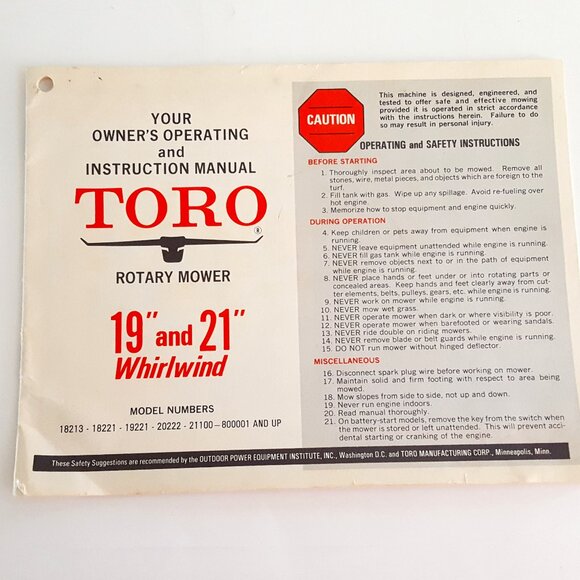 Toro Rotary Mower 19" and 21" Whirlwind Owner's Operating and Instruction Manual - Picture 1 of 6